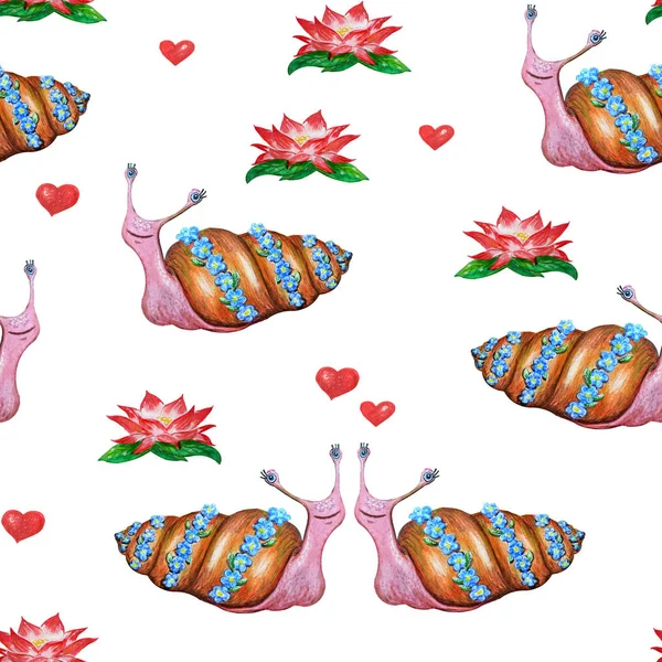 Bright seamless pattern with funny cartoon animals. Hand-drawn watercolor snails with flowers and hearts. Background for children's textiles, packaging and decoration.