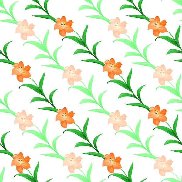Nahtloses Muster orangefarbener Lilien mit grünen Zweigen, die auf weißem Hintergrund verflochten sind. — Stockfoto