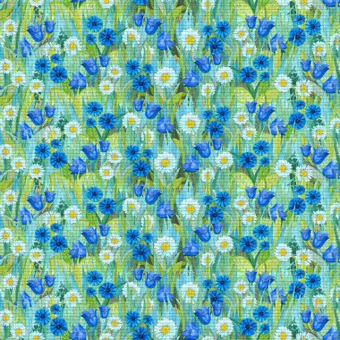 Chamomiles, cornflowers, çim üzerinde bluebells Dikişsiz mozaik desen.