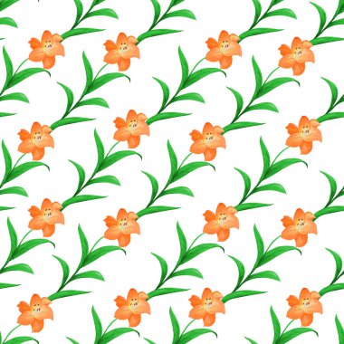 Beautiful seamless pattern of pink lilies with green leaves intertwined on a white background. . 