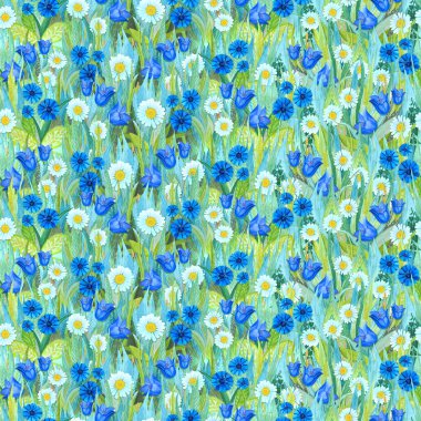 Chamomiles, cornflowers, çim üzerinde bluebells dikişsiz yaz desen. Bir çiçek glade şeklinde renkli arka plan