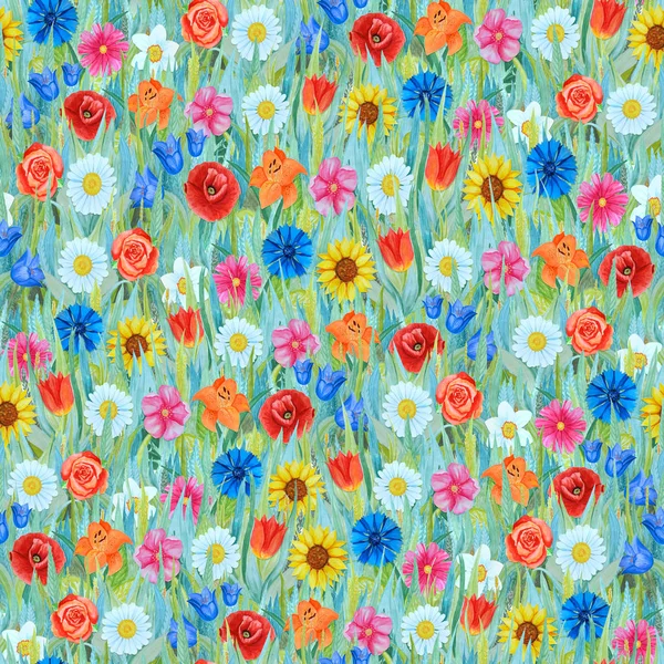 Dikişsiz çiçek desen: nergis, lale, papatya, haşhaş, cornflower, ayçiçeği, bluebell, çim üzerinde gül.