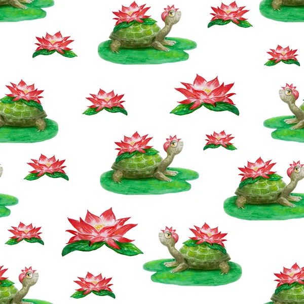 Ljust sömlöst mönster med roliga tecknade djur. Handritade akvarell sköldpaddor med blommor. Vit bakgrund för barn textil, paketering och dekoration. — Stockfoto