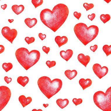 Dikişsiz aşk temaları doku. Beyaz üzerine izole kırmızı kalpler ile dikişsiz desen. 