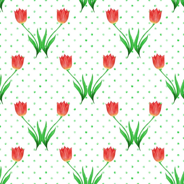 Simple seamless pattern of tulips isolated on a white background. Green polka dot.