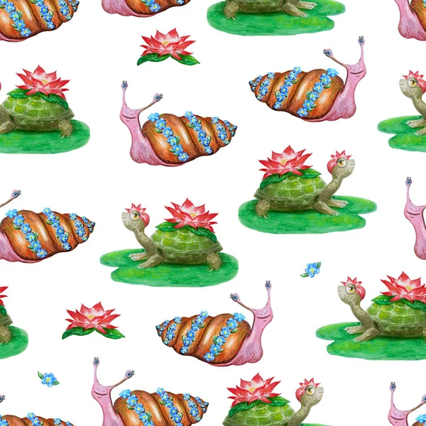 Bright seamless pattern with funny cartoon animals. Hand-drawn watercolor turtles and snails with flowers.