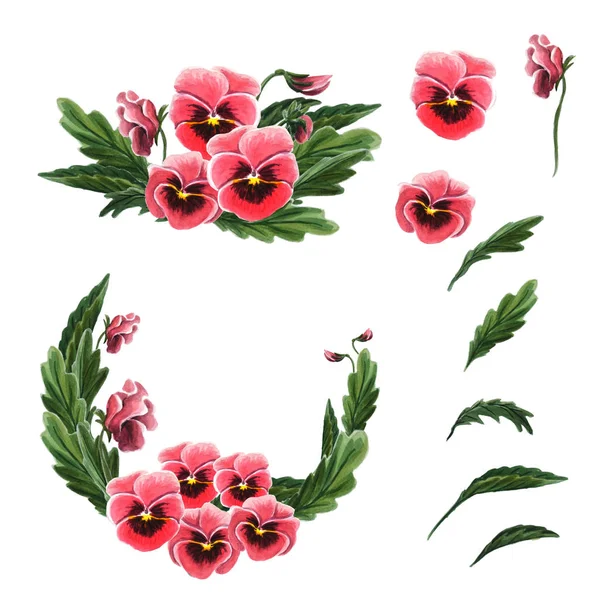 Single flowers, leaves, garland and  a bouquet of red pansies isolated on a white background. — Stock Photo, Image