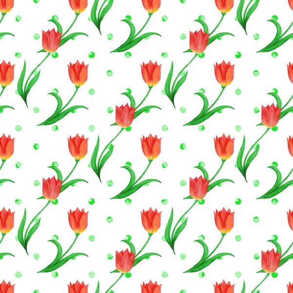 Simple seamless pattern of tulips isolated on a white background. Green polka dot.