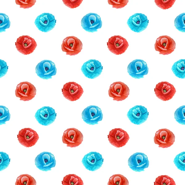 Simple seamless pattern of poppy isolated on a white background.Red and blue flowers. — Stock Photo, Image