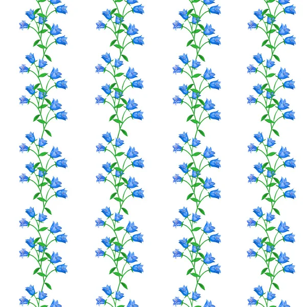 Patrón floral sin costuras con flores de campana azul sobre fondo blanco. Intercalado de ramitas de plantas . —  Fotos de Stock