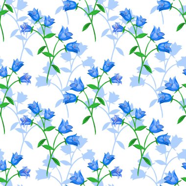 Beyaz arka planda mavi çanlar ve çiçek siluetleri ile dikişsiz çiçek deseni.