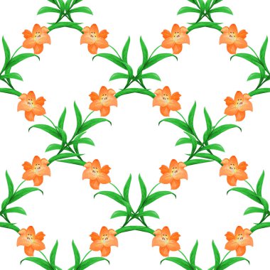Basit dikişsiz botanik desen. Beyaz arka planda turuncu zambaklar. 