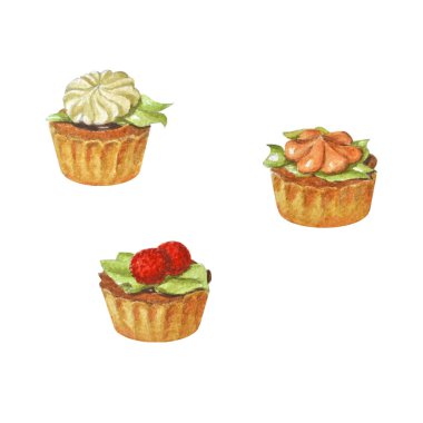 Lezzetli çok renkli kremalı kek. Güzel suluboya seti.