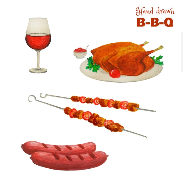 Meat colorful set. Ready made barbecue products isolated on white. Hand-drawn glass of wine, grilled chicken, sausages, kebab .