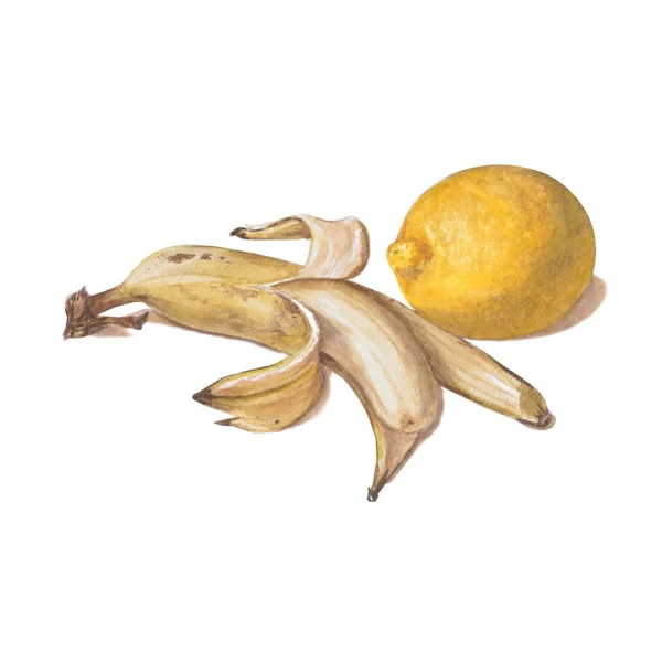 Uppsättning av ljusa akvarell frukter. Banan och citron isolerad på vit bakgrund. — Stockfoto