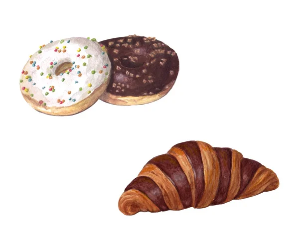 Set van mooie snoepjes met de hand getekend. Croissant met chocolade glazuur, donuts met witte slagroom en veelkleurige bestijteling. — Stockfoto