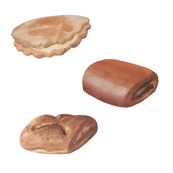 Een set van bakken. Broodje met kwark, Puff met jam en klaproos zaad roll. — Stockfoto