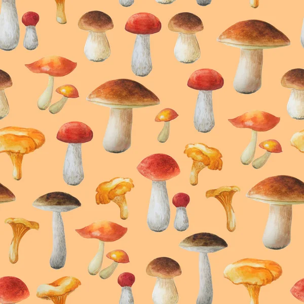 Floral pattern on terracota background. Autumn collection. Watercolor hand drawn mushrooms and different leaves. — Stock Photo, Image