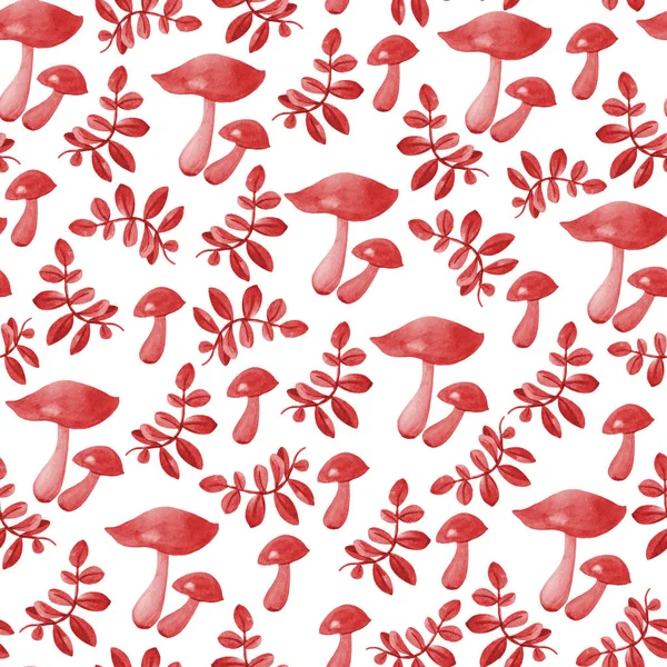 Seamless autumn pattern on white background. Watercolor hand drawn mushrooms and different leaves. — Stock Photo, Image