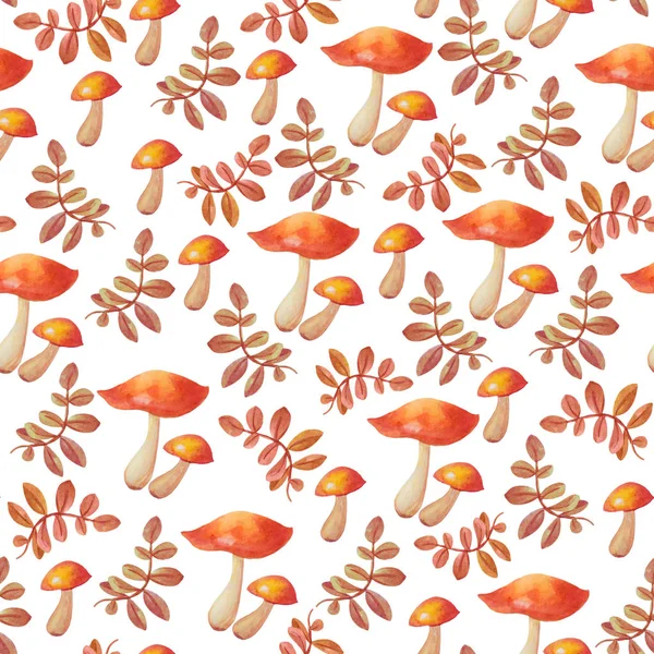 รูปแบบสีส้มไร้รอยต่อบนพื้นหลังสีขาว สีน้ําฤดูใบไม้ร่วงเห็ดที่วาดด้วยมือและใบที่แตกต่างกัน . — ภาพถ่ายสต็อก
