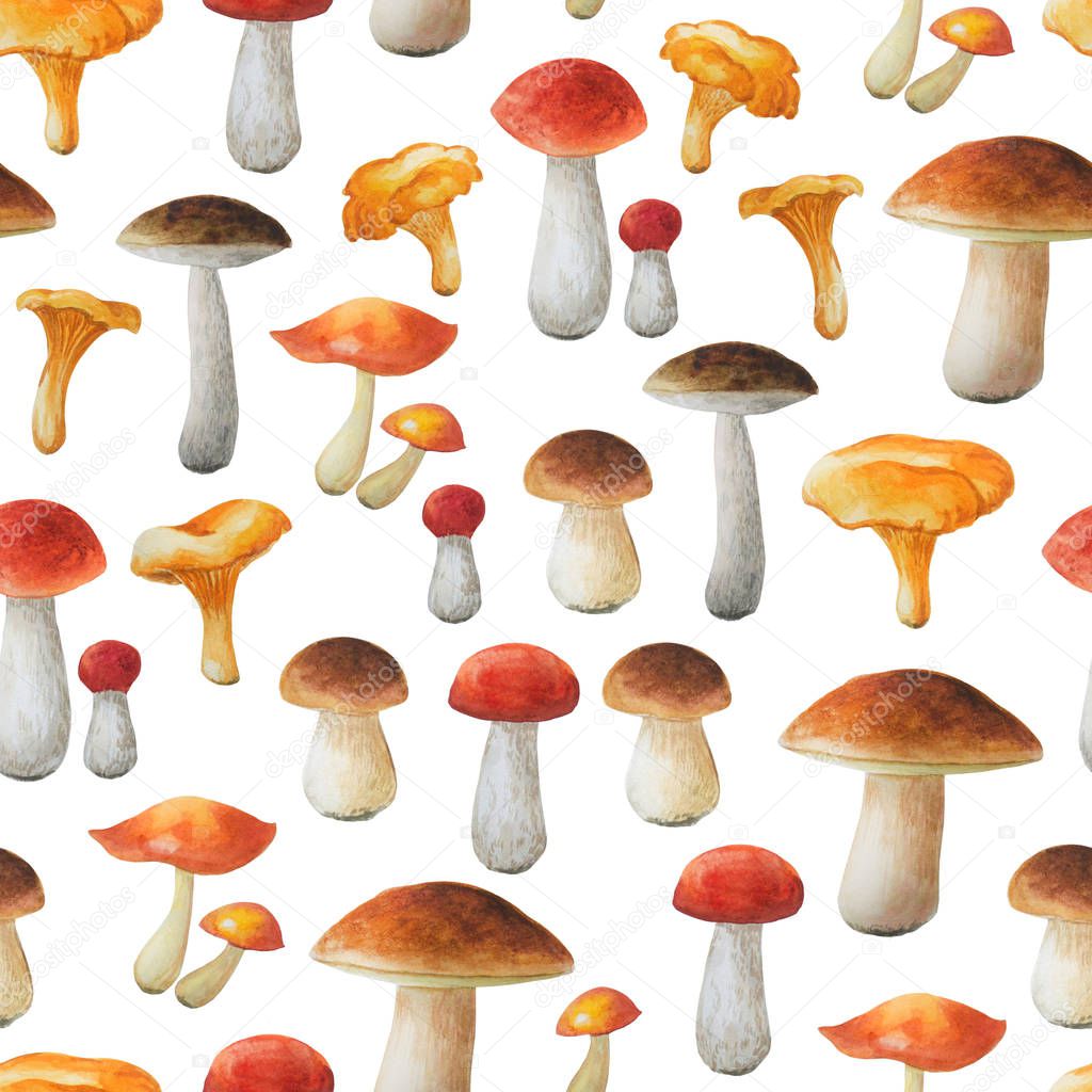 Seamless floral pattern on white background. Autumn collection. Watercolor hand drawn mushrooms. 