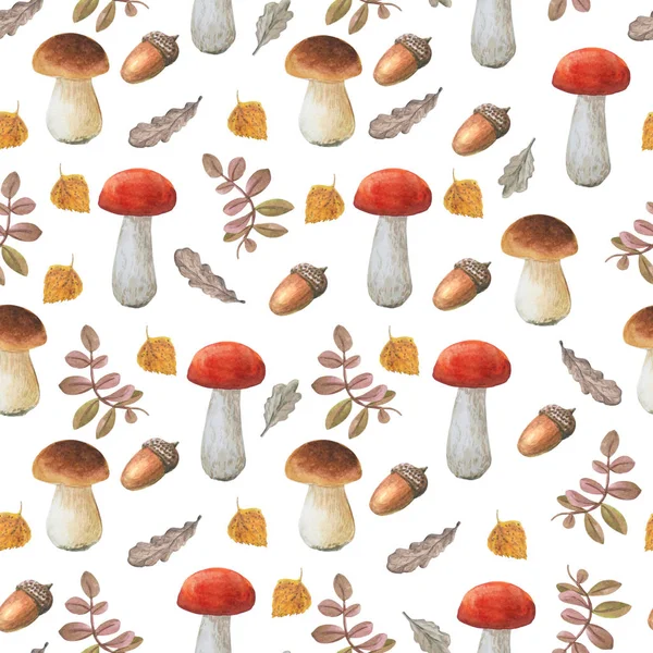 Sömlös botanisk mönster på vit bakgrund. Höstkollektion. Akvarell svampar och olika blad. — Stockfoto