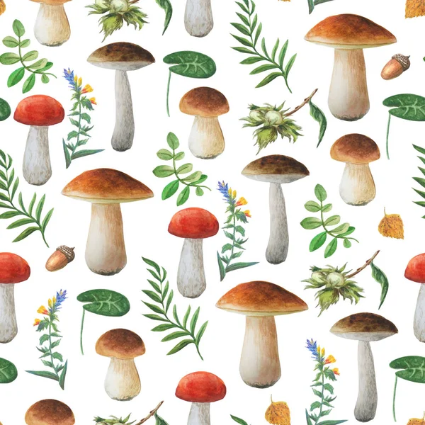 Seamless floral pattern on white background. Autumn  and summer collection. Watercolor hand drawn mushrooms and different leaves. — Stock Photo, Image