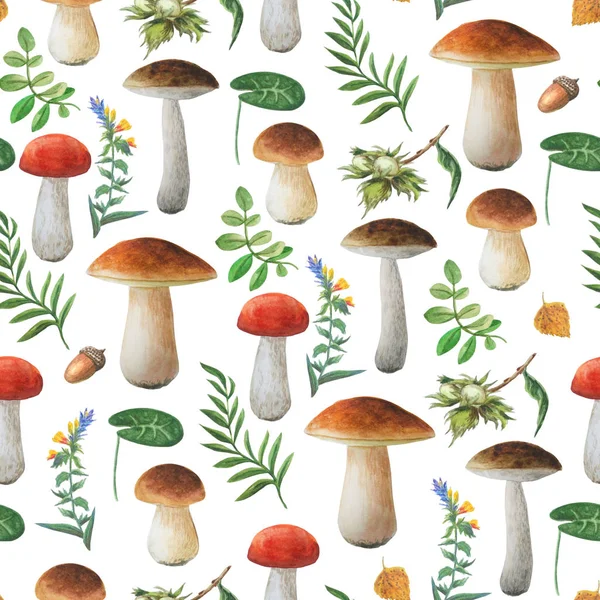 Naadloze bloemmotief op witte achtergrond. Herfst-en zomer collectie. Aquarel hand getekende paddestoelen en verschillende bladeren. — Stockfoto