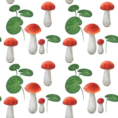 Mantar ve yeşil yaprakları ile güzel dikişsiz desen. 