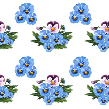 Beyaz arka planda izole edilmiş Pansies ile dikişsiz desen. 