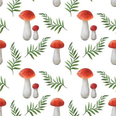 Mantar ve yeşil yaprakları ile Dikişsiz desen.