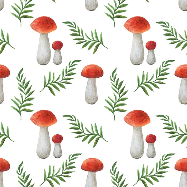 Seamless pattern with mushrooms and green leaves.