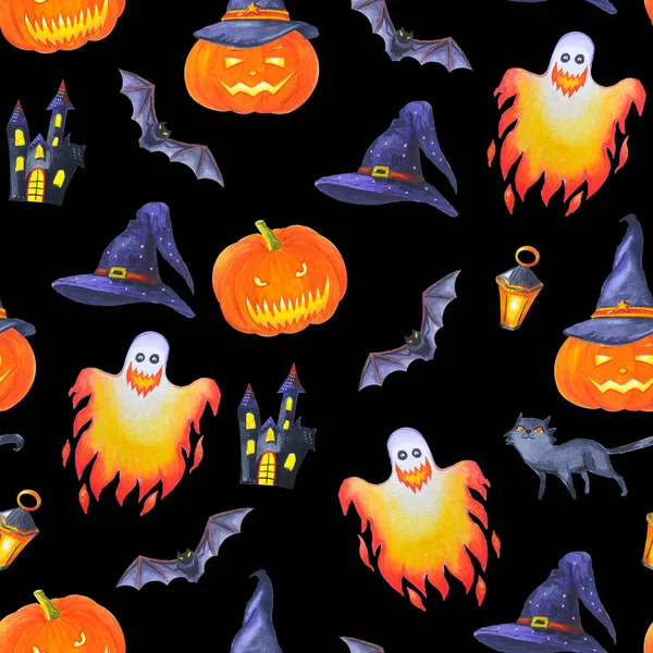 Aquarel naadloze patroon van Halloween heldere elementen. Jack O lantaarn, spook en vleermuis. — Stockfoto