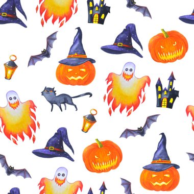 Cadılar Bayramı parlak elemanların suluboya dikişsiz desen.  