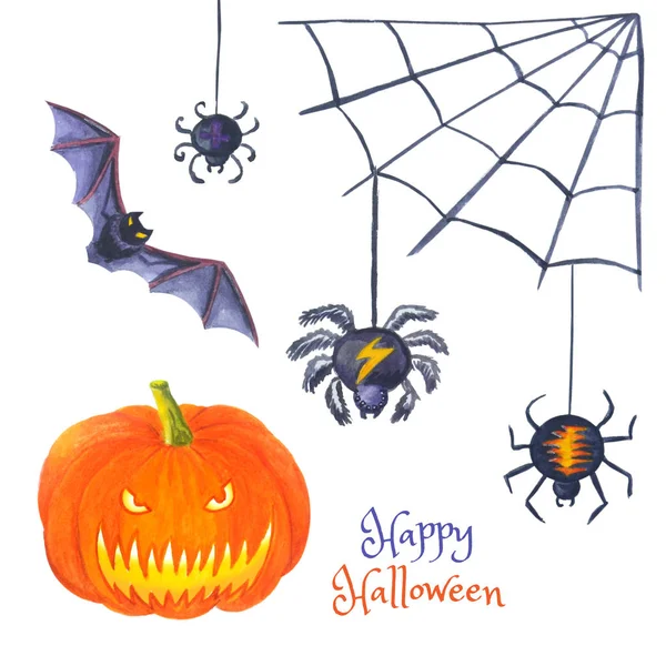   Örümcekler, balkabağı, Mutlu hallowen için yarasa. 