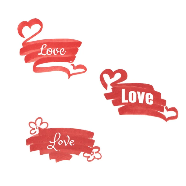 "사랑"이라는 글자. 하트가 있는 밝은 빨간색 프레임 세트. — 스톡 사진