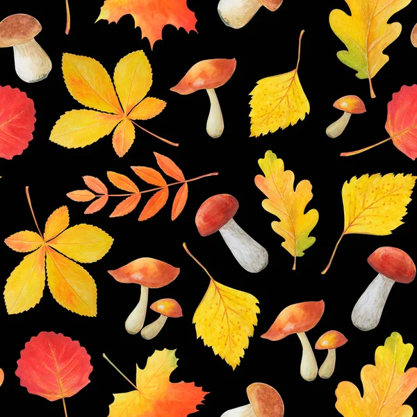 Nahtloses Muster aus Herbstblättern und Pilzen. — Stockfoto