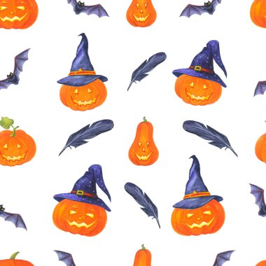 Cadı şapkahalloween kabak suluboya dikişsiz desen.  