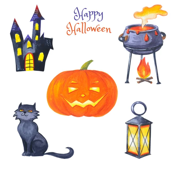Siyah kedi, perili ev, Jack O Lantern, dekorasyon için bir kazan. 