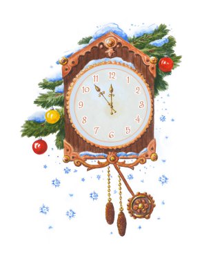 Güzel suluboya çizimi: Noel karlı saati. 