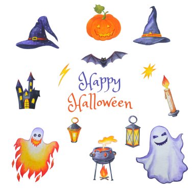 Cadılar Bayramı parlak elemanları suluboya seti.