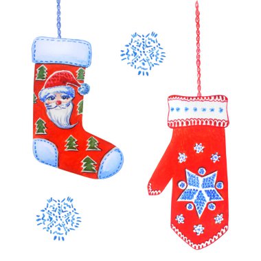 Noel seti: çorap, eldiven ve kar taneleri whit izole