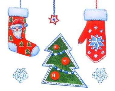 Noel seti: çorap, eldiven, Noel ağacı ve kar taneleri 