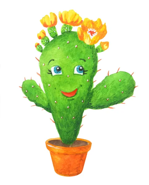 Зеленый кактус девушка в кастрюле в стиле мультфильма — стоковое фото