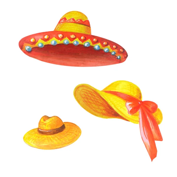 Watercolor hand-drawn set of summer hats. — Stock Photo, Image
