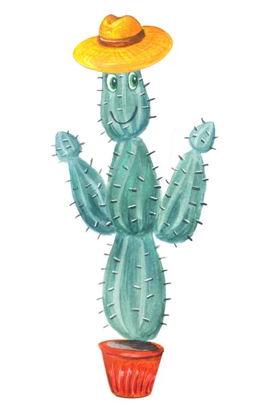 Joyeux dessin à l'aquarelle : cactus vert dans un pot en dessin animé — Photo