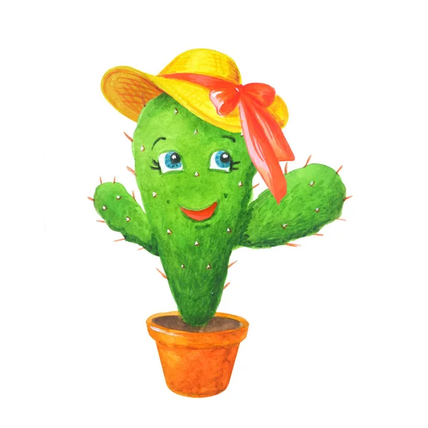 Zelený kaktus v dámské slamák v hrnci v kresleném stylu. — Stock fotografie