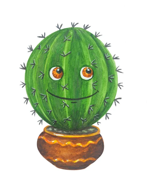 Zelené kaktusy v hrnci v kresleném stylu — Stock fotografie