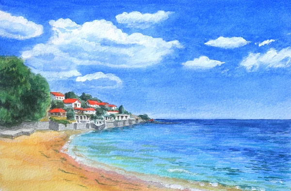 Watercolor illustration overlooking the sea resort.
