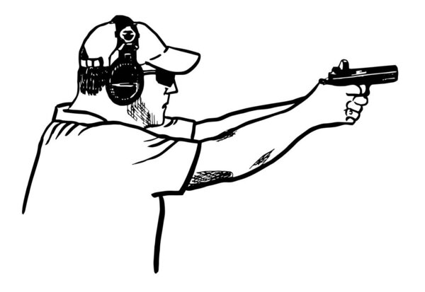 Спортсмен в наушниках и кепке стреляет из пистолета
. 